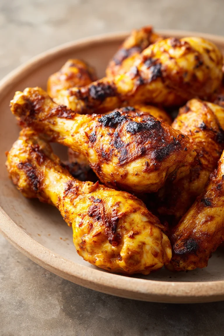 Close-up of high protein chicken drumsticks with a golden crispy skin on a clean white plate.