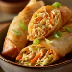 Close-up of high protein chicken egg rolls with a crispy golden exterior.