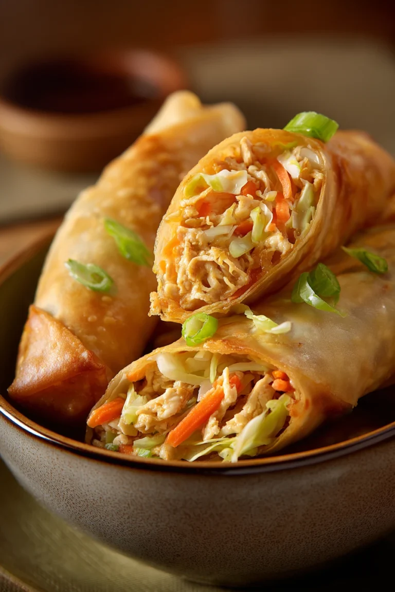 Close-up of high protein chicken egg rolls with a crispy golden exterior.