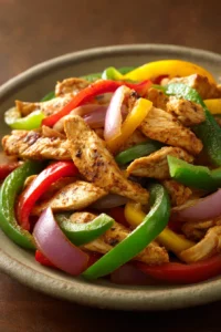 Close-up of high protein chicken fajitas with colorful peppers and onions on a plate.