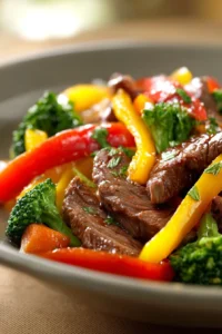 Close-up of a high protein beef dinner with bright lighting and clean background