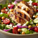 Close-up of a high protein grilled chicken salad with fresh greens and vibrant colors
