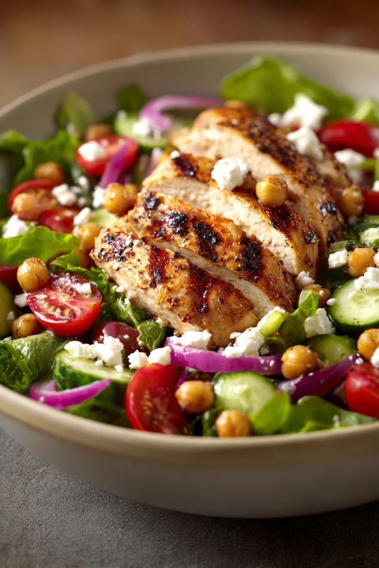 Close-up of a high protein grilled chicken salad with fresh greens and vibrant colors