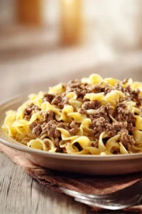 Close-up of a hearty dish with ground beef and noodles, garnished with herbs.