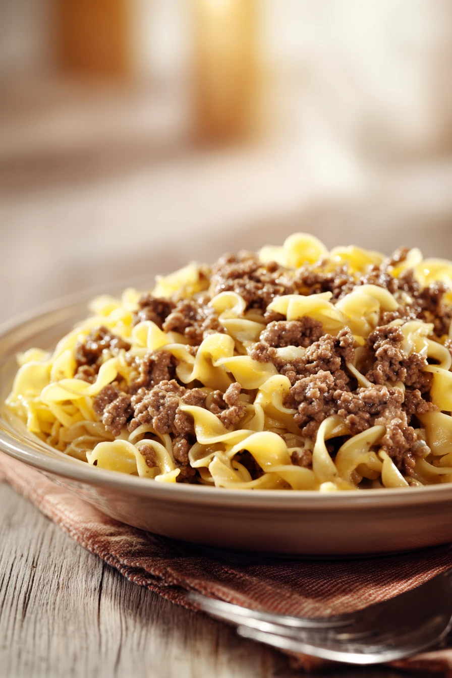 Close-up of a hearty dish with ground beef and noodles, garnished with herbs.