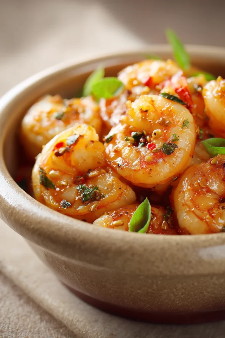 Close-up of high-protein honey garlic shrimp with a glossy sauce and garnished with herbs.