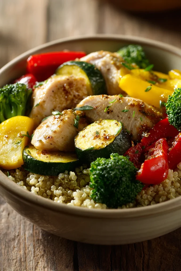 Close-up of a high-protein meal with grilled chicken, vegetables, and grains on a clean plate.