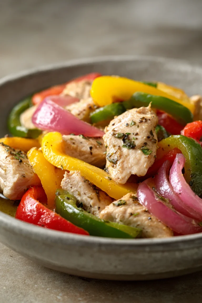 Close-up of Instant Pot chicken and peppers with bright colors and clean presentation.