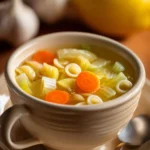 Close-up of Italian Penicillin Soup with visible ingredients in a warm, inviting setting.