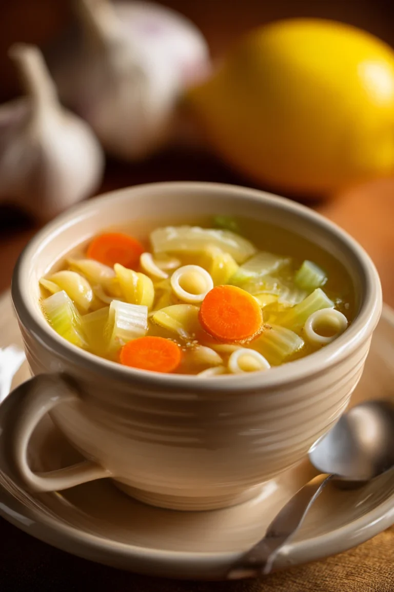 Close-up of Italian Penicillin Soup with visible ingredients in a warm, inviting setting.