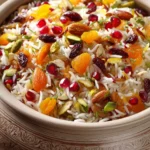 Close-up of Jeweled Vegetarian Rice Plov with colorful vegetables and herbs