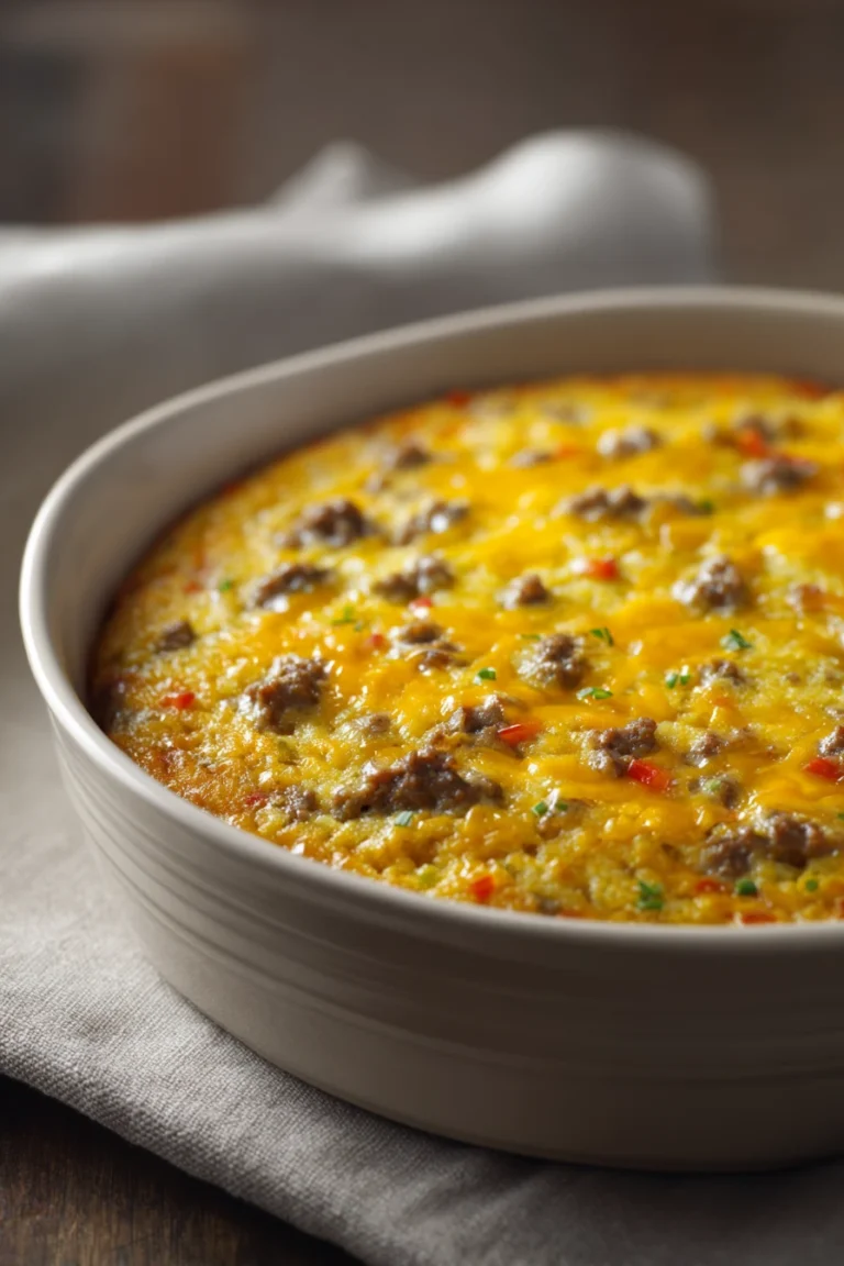 Close-up of jiffy corn casserole with ground beef, topped with melted cheese.