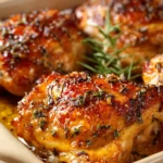 Juicy baked chicken thighs with golden crispy skin and herbs on a white plate.