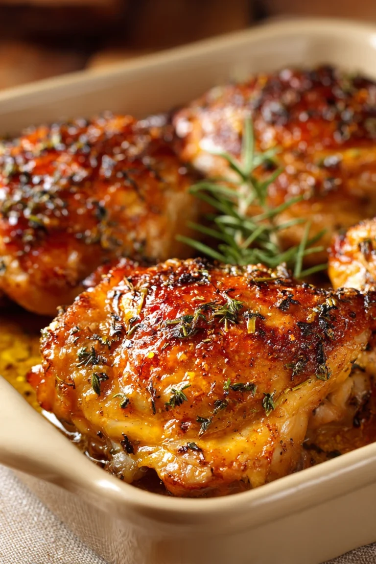 Juicy baked chicken thighs with golden crispy skin and herbs on a white plate.