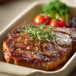 Close-up of a juicy steak with grill marks on a clean white plate.
