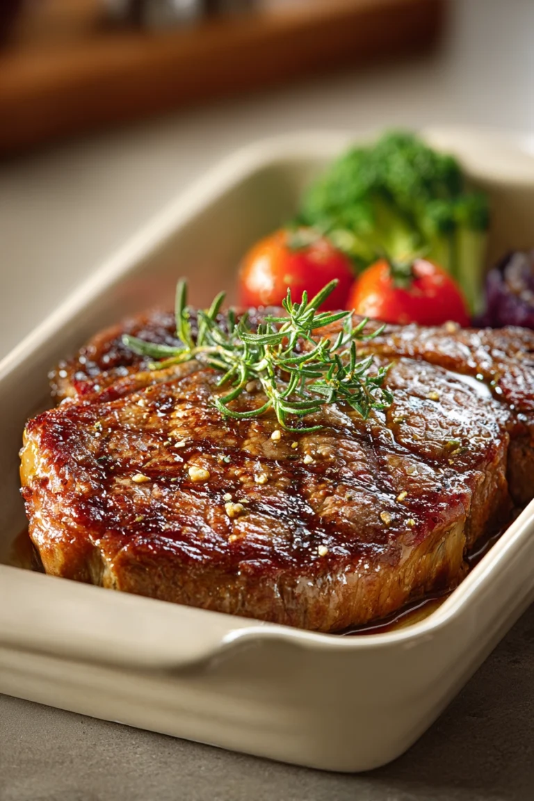 Close-up of a juicy steak with grill marks on a clean white plate.
