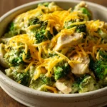 Close-up of keto cheesy broccoli chicken casserole with melted cheese and broccoli florets