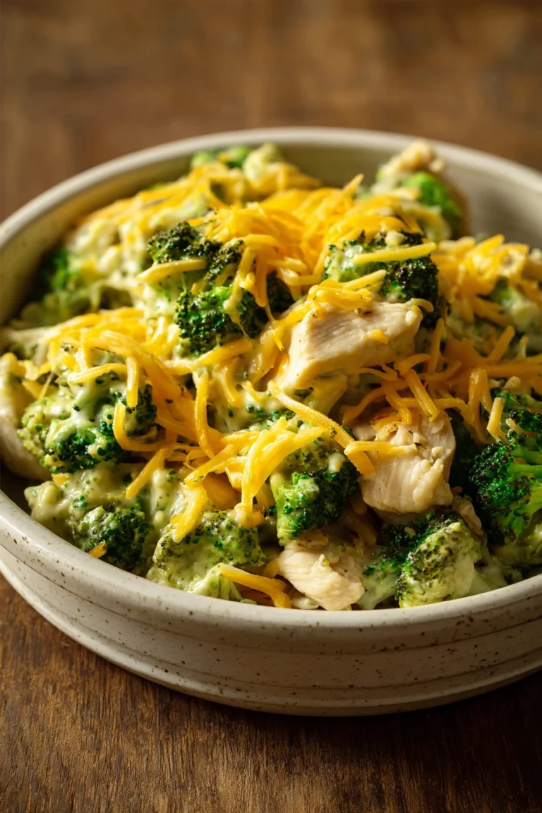 Close-up of keto cheesy broccoli chicken casserole with melted cheese and broccoli florets