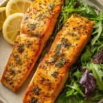 Close-up of lemon air fryer salmon with herbs on a white plate