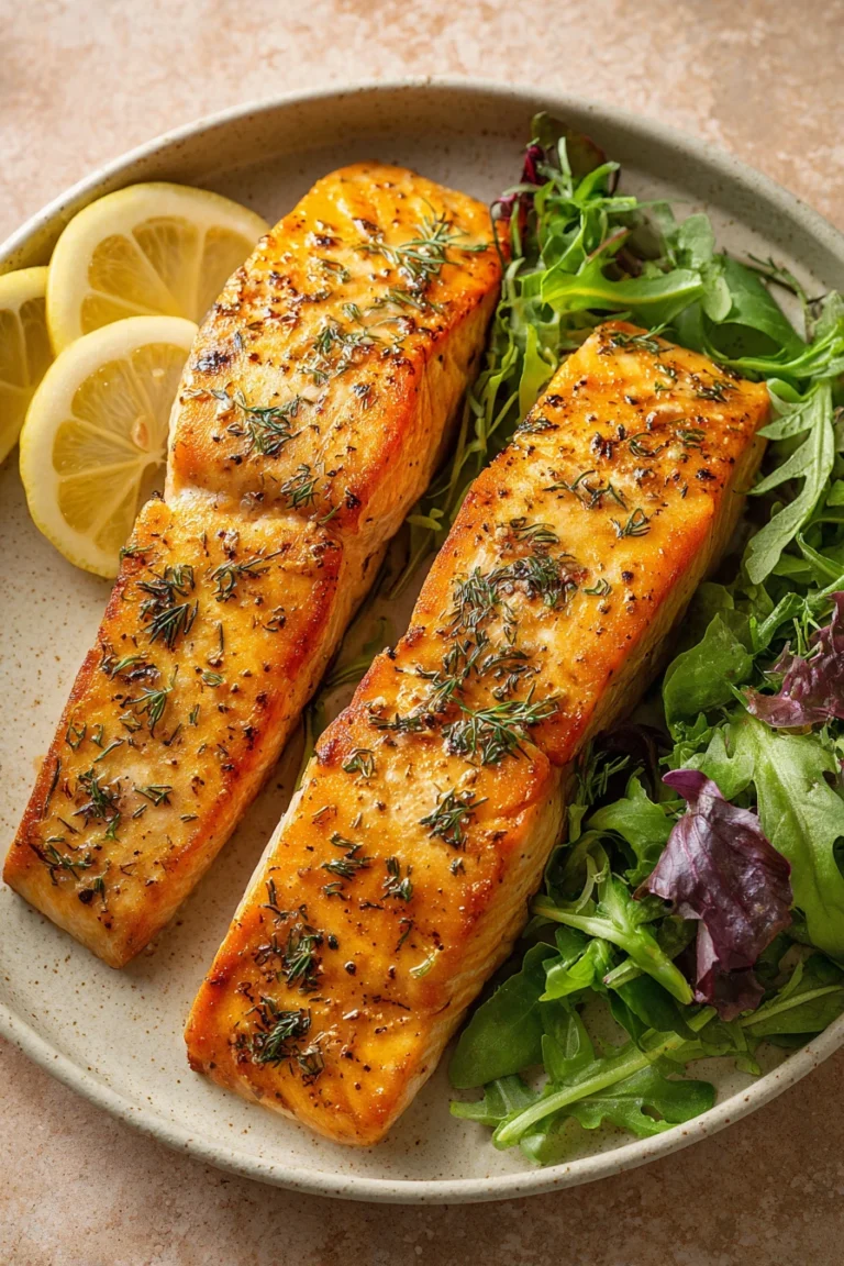 Close-up of lemon air fryer salmon with herbs on a white plate