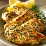 Close-up of lemon herb chicken with bright natural lighting and minimal background.