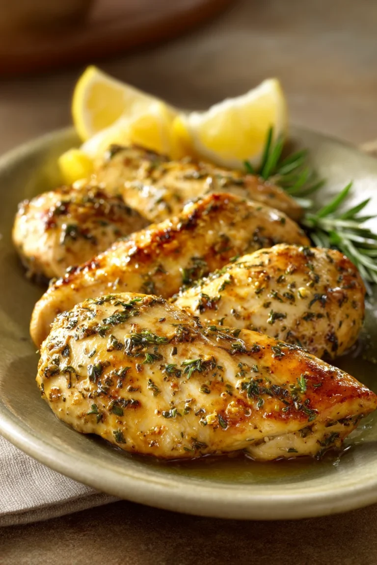 Close-up of lemon herb chicken with bright natural lighting and minimal background.