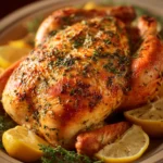 Close-up of lemon herb roasted chicken with bright lighting and clean background