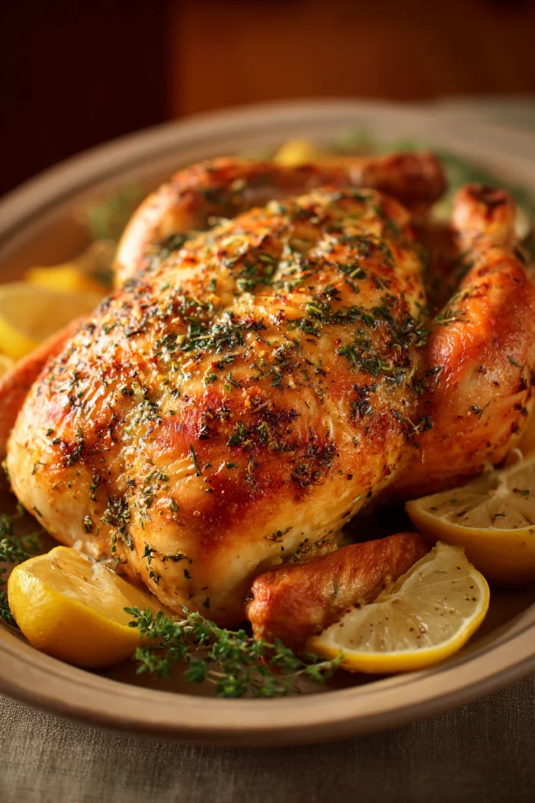 Close-up of lemon herb roasted chicken with bright lighting and clean background