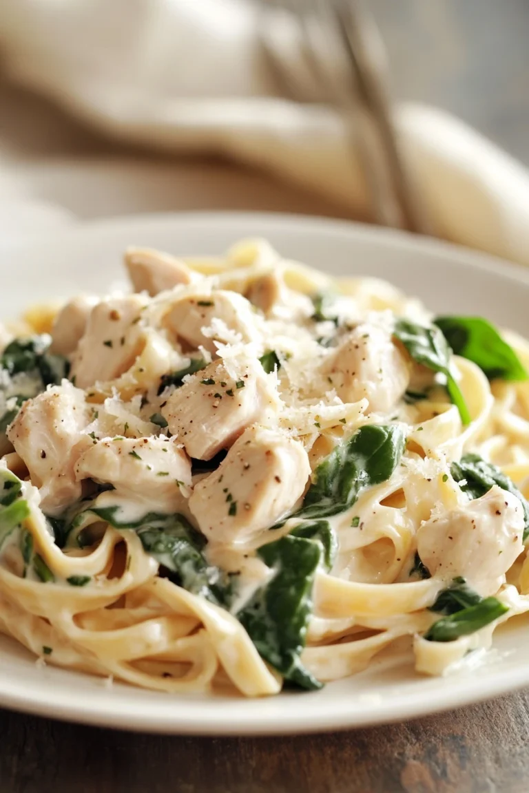 Close-up of low calorie chicken alfredo with creamy sauce and herbs on a white plate.