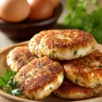 Close-up of low calorie chicken patties on a white plate with a clean background