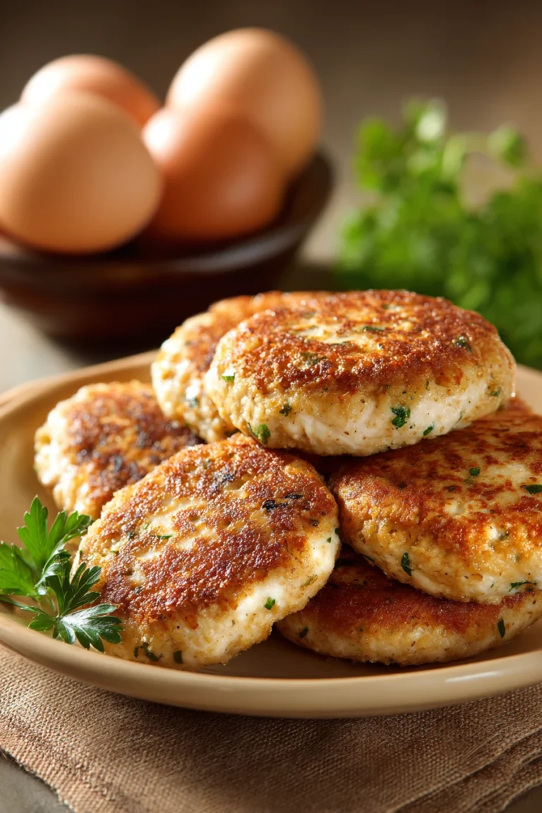 Close-up of low calorie chicken patties on a white plate with a clean background