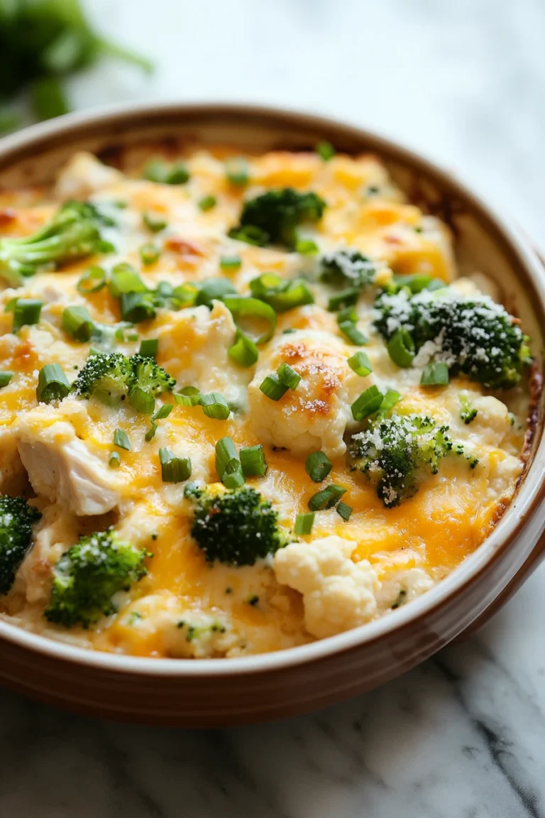 Close-up of a low carb chicken broccoli cauliflower casserole with creamy sauce