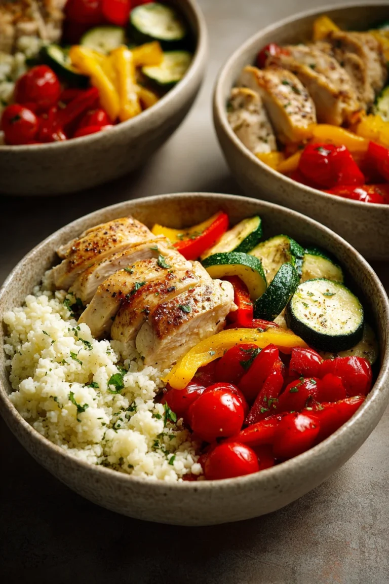 Close-up of a low carb dinner prep with vibrant vegetables and grilled chicken