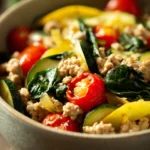 Close-up of a low carb ground turkey dish in a pot with herbs and vegetables.