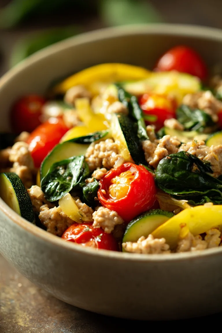 Close-up of a low carb ground turkey dish in a pot with herbs and vegetables.