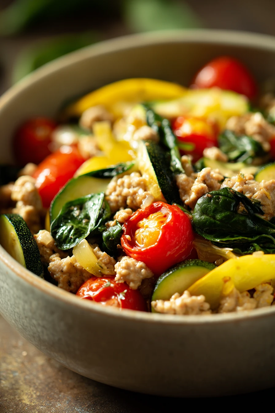 Close-up of a low carb ground turkey dish in a pot with herbs and vegetables.