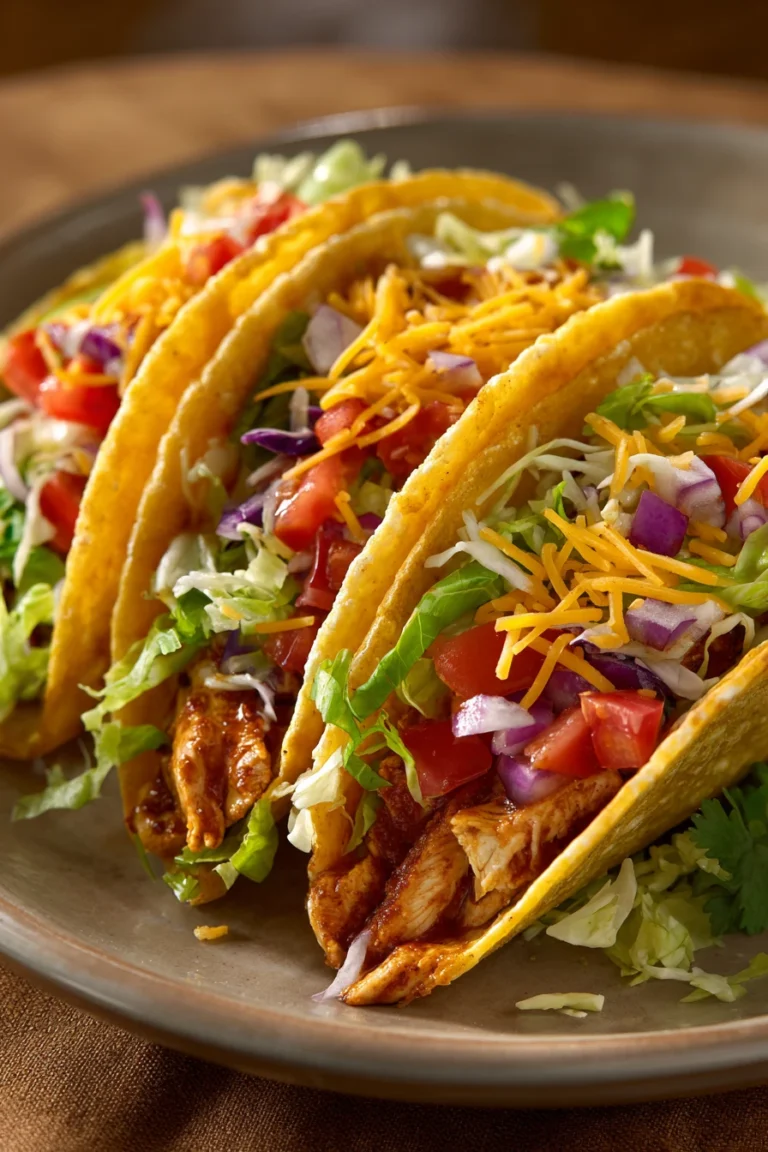Close-up of make ahead chicken tacos with fresh toppings on a clean background