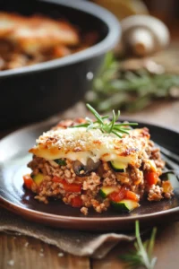 Close-up of a make ahead dinner with ground turkey in a bright, warm setting.