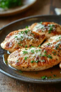Close-up of make ahead Italian chicken with creamy sauce and herbs