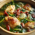 Close-up of creamy Marry Me Chicken Soup with herbs in a white bowl