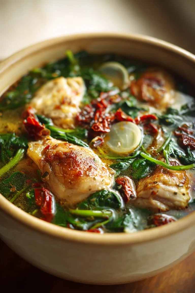 Close-up of creamy Marry Me Chicken Soup with herbs in a white bowl