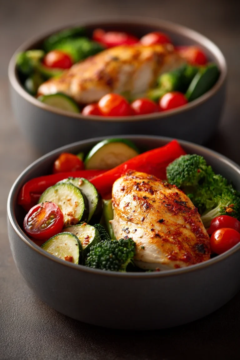 Close-up of meal prep chicken bowls with vibrant ingredients and a clean background