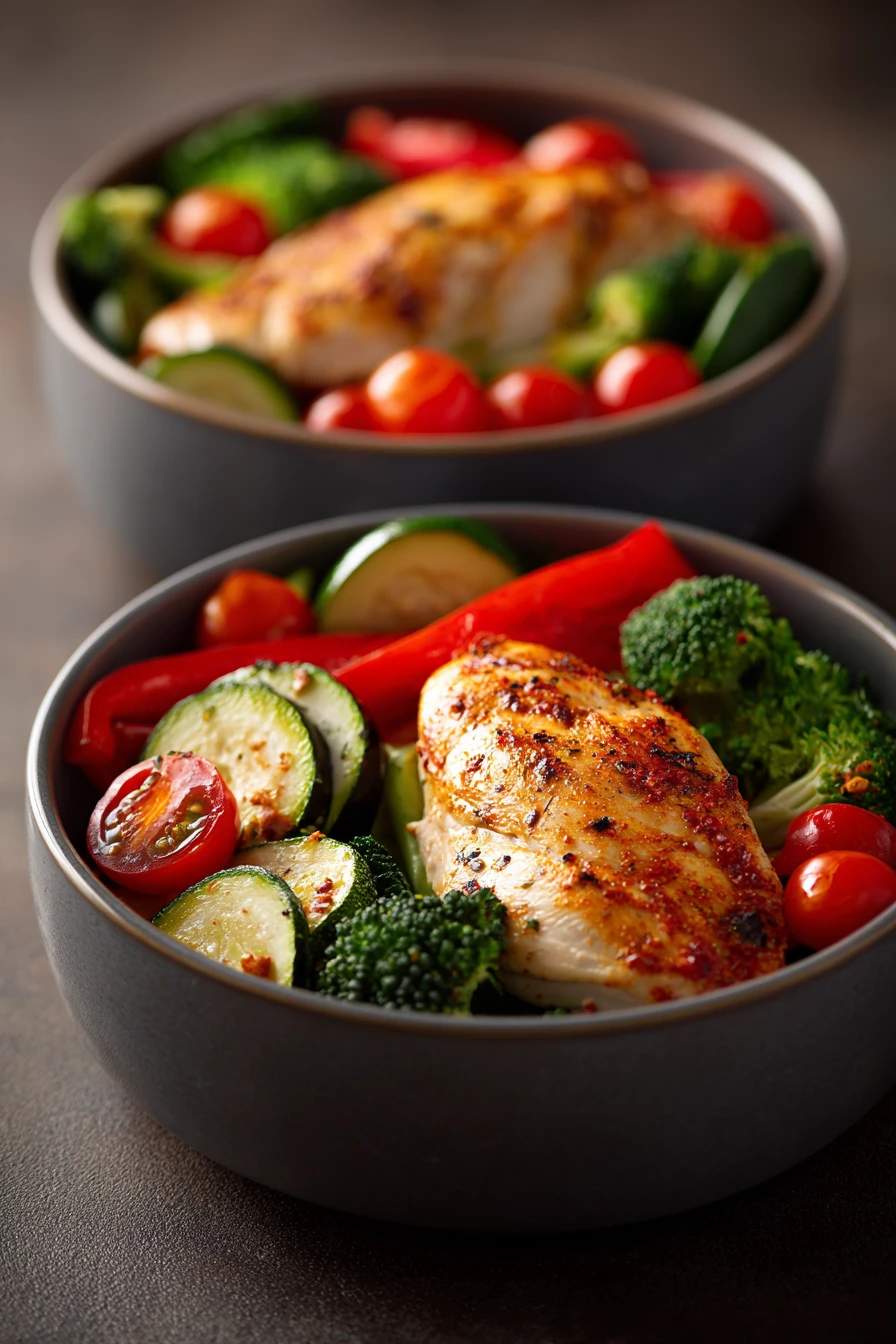 Close-up of meal prep chicken bowls with vibrant ingredients and a clean background