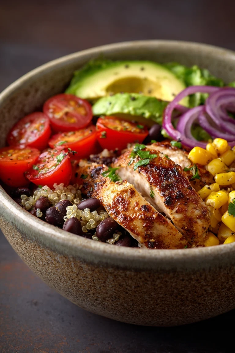 Close-up of a Mexican chicken quinoa bowl with vibrant ingredients and creamy sauce.