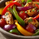 Close-up of a vibrant Mexican Chicken Stir-Fry with colorful vegetables and chicken pieces.