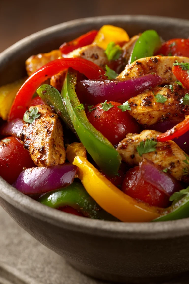 Close-up of a vibrant Mexican Chicken Stir-Fry with colorful vegetables and chicken pieces.