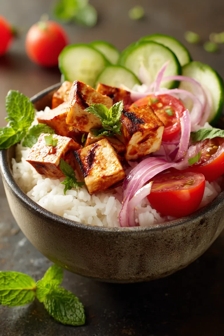 Close-up of a Middle Eastern Tofu Rice Bowl with vibrant vegetables and herbs