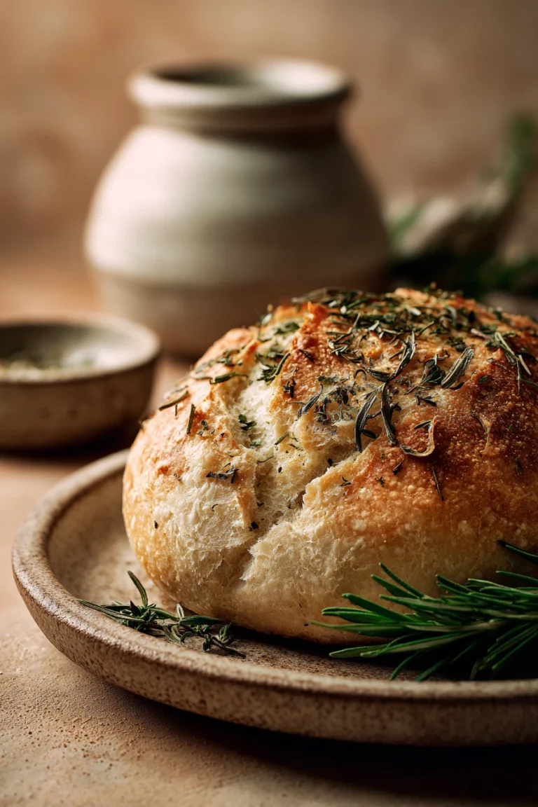 Close-up of no knead bread with herbs on a clean surface