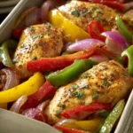 Close-up of a one-pan chicken fajita bake with colorful vegetables and melted cheese.