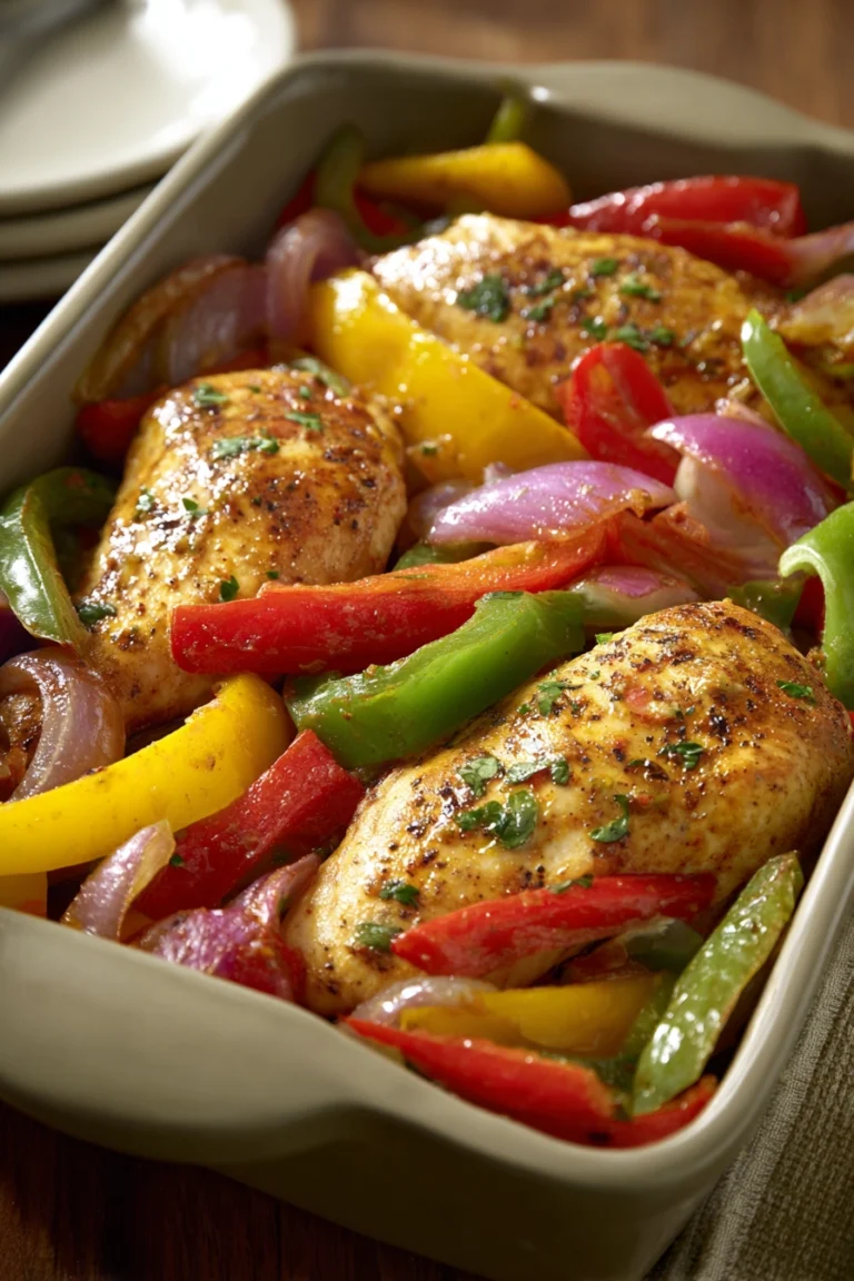 Close-up of a one-pan chicken fajita bake with colorful vegetables and melted cheese.